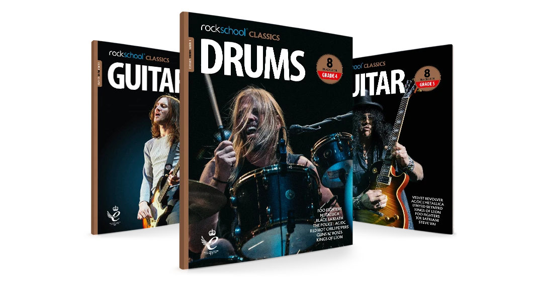Rockschool Classics guitar and drums books
