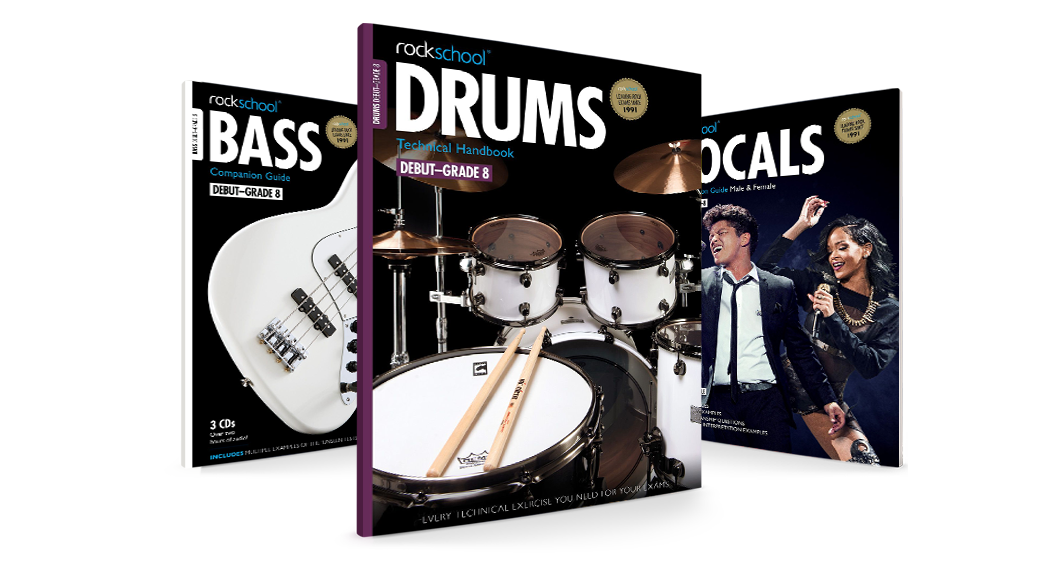 Rockschool Bass, Drums and Vocals technical handbooks, Debut to Grade 8
